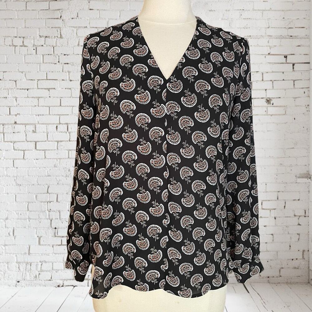 Pleione‎ Tunic Top Sz S Womens Black Multi Print Blouse HiLo Long Sleeves Career